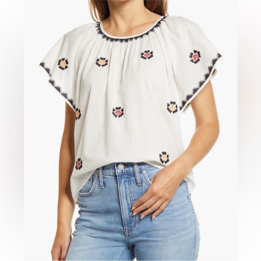 Madewell White Blouse with Floral Embroidery